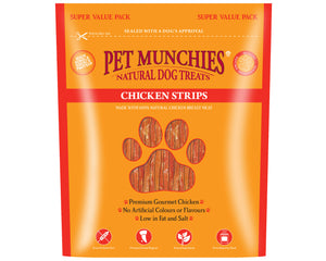 Package of Pet Munchies Natural Dog Treats, Chicken Strips flavor, with a red and orange design indicating a value pack, and icons suggesting no artificial colors or flavors, and premium quality.