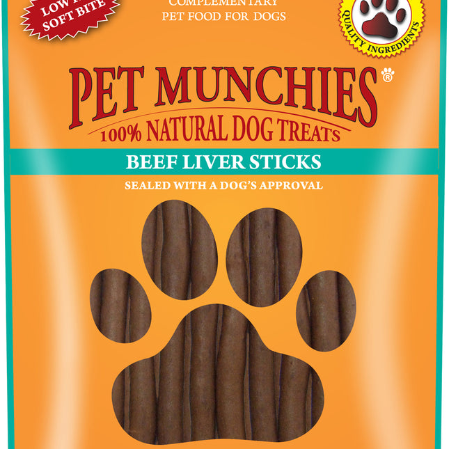 Packaging of Pet Munchies Beef Liver Sticks, indicating that they are 100% natural dog treats, beef liver flavored, with no artificial additives or preservatives.